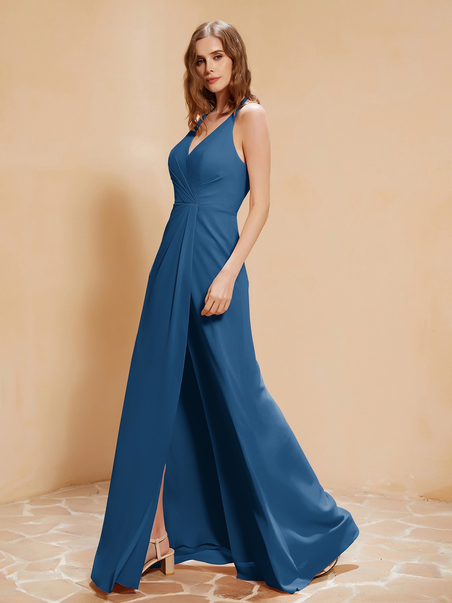 Spaghetti Straps Long Gown with Slit Ink Blue